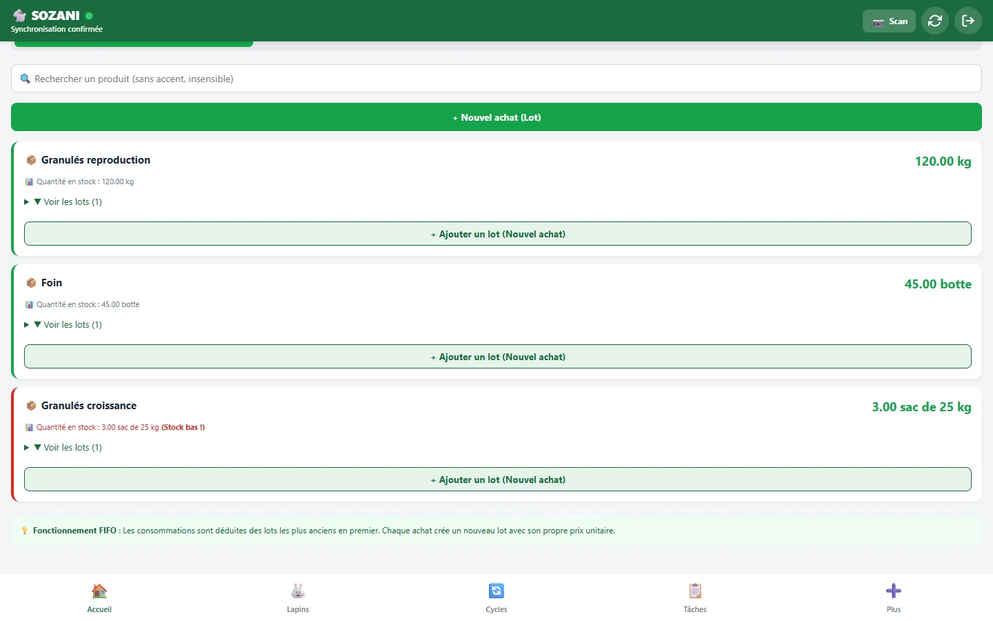 Suivi FIFO des lots de stock dans l’application SOZANI