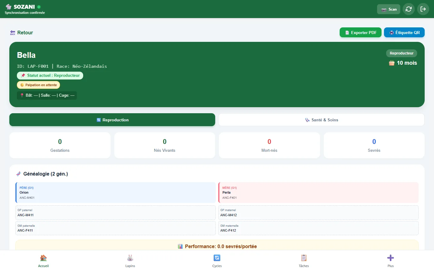 Fiche 360 SOZANI montrant l’identité et l’historique d’une lapine