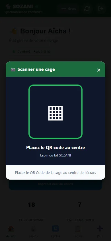 Interface mobile du scanner QR de SOZANI